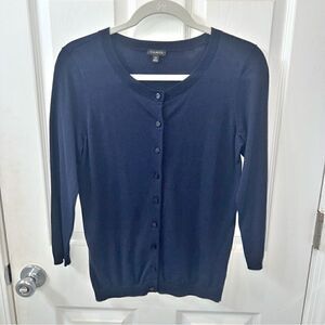 Talbots Vintage Y2K Navy Blue slightly scoopneck button up cardigan sz XS